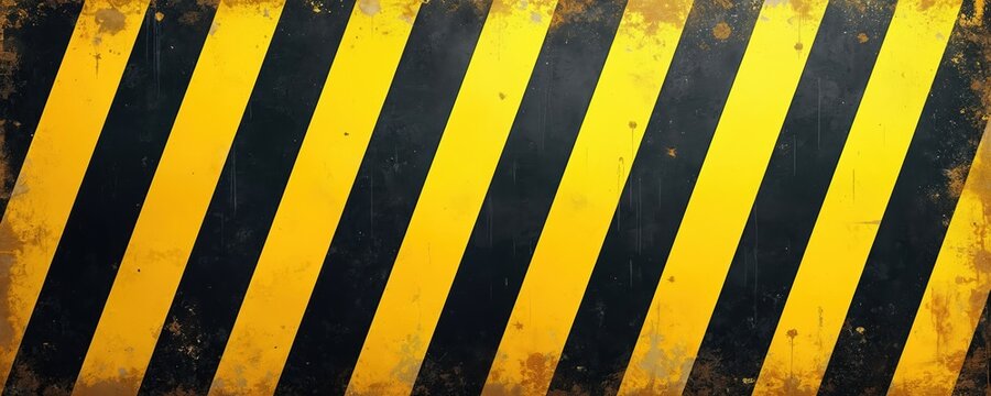 Distressed yellow, black hazard stripes pattern. Old rough texture with diagonal bands, grunge design. Warning background with aged paint marks. Construction barrier wallpaper. Industrial backdrop