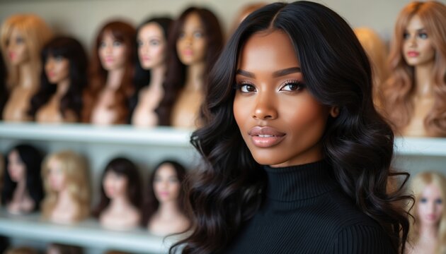 Attractive African American woman poses in a beauty salon. She wears a wavy black wig. Numerous wigs are visible on the display behind her. The photo reflects modern fashion and beauty trends.