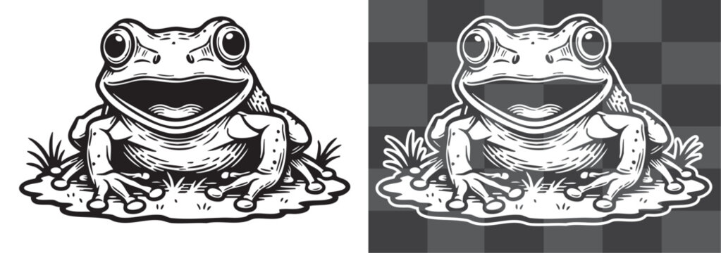 Vintage vector engraving illustration of frog sitting on ground in monochrome and outline versions isolated on transparent background, detailed amphibian artwork symbolizing nature and wildlife