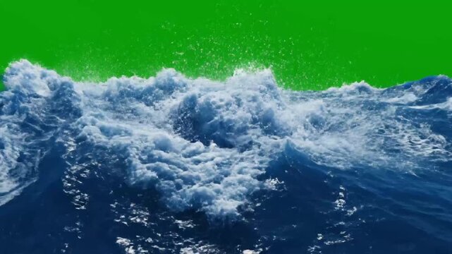 Ocean waves crashing against a bright green screen backdrop, perfect for visual effects and compositing, creating dynamic and captivating scenes with endless possibilities