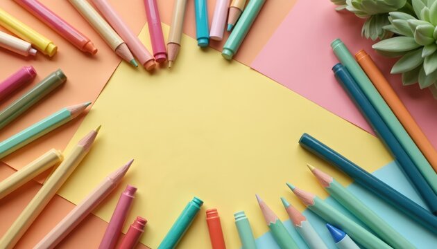 Photo featuring colorful stationery. Pencils and markers on pastel colored paper creating a creative flatlay. Stationery is arranged with empty space for text. Office workspace theme.