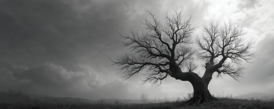 Solitary bare tree against stormy grey sky. Twisted branches reach upwards on misty foggy day. Gloomy overcast weather creates atmospheric mood. Nature landscape without leaves. - Powered by Adobe
