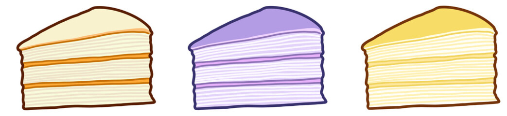 cute crepe cake bakery set and cake shop-taro crepe cake and vanilla picnic and lunch illustrations collection with transparent background