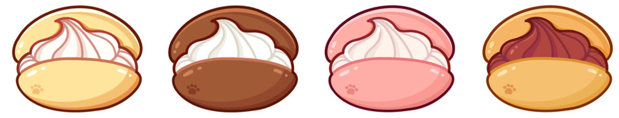 cute cream bread puff and pie-strawberry and chocolate bread bakery and cafe illustrations collection with transparent background