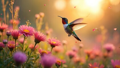 Fototapeta premium Hummingbird flies in garden above pink flowers. Bird hovers among wildflowers drinking nectar at sunset. Floral meadow with exotic beauty. Animal flies at light scene among flora.