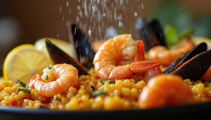 Close up photo of paella dish with seafood. Paella features shrimp mussels lemon rice and saffron. Salt falls onto the vibrant plate a classic food shot.