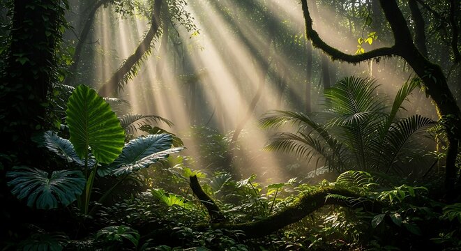 Golden sun rays illuminate a dense, vibrant tropical rainforest
