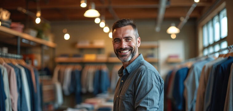 Mature man smiles in clothing store. Happy entrepreneur in casual clothes stands inside shop. Retail business owner poses in front of clothes.
