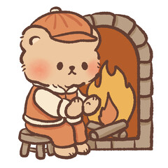 Cute bear warming hands by fireplace cozy winter cabin clipart perfect for hygge holiday designs and homey Christmas art