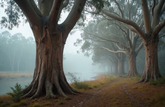 Foggy morning in forest near water. Tall trees stand along a path. Mist covers distant trees. Landscape view of nature in morning at river shore. Woods environment is very atmospheric.