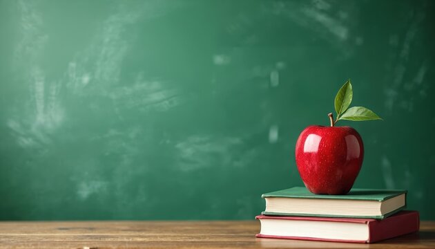 Red apple rests on stacked books before a green chalkboard. This classic symbol represents learning wisdom and academic achievement. Knowledge acquisition begins here.
