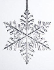 Macro Shot of a Clear Six Pointed Snowflake Against a White Background