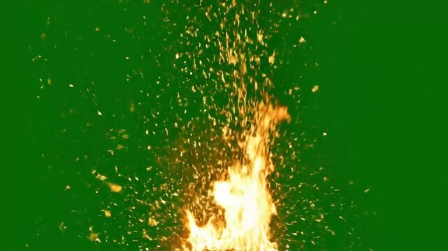 Dynamic campfire sparks against vivid green screen offer realistic flame effects for visual projects and creative composites, ideal for magical and adventurous scenes
