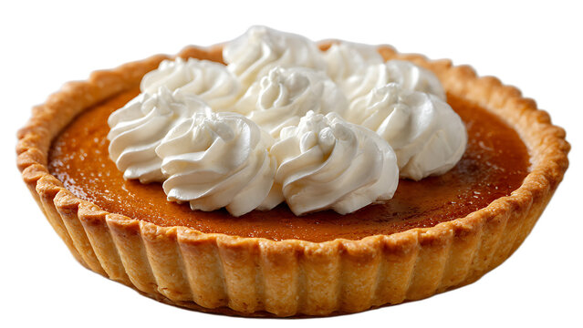 A delicious pumpkin pie topped with whipped cream sitting on a black background ready to be served