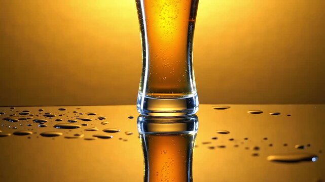 Close up of a cold glass of amber beer with bubbles and condensation drops on a reflective surface against a golden yellow background