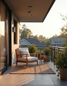 Stylish balcony with chair at sunset. Minimalist design outdoor terrace with chair near house. Cozy interior at dusk with chair, nature view. Balcony design ideas with plants in pots for modern homes.