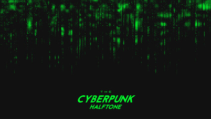 Abstract vector green cyberpunk halftone sound wave. Scrathed dotted texture element.