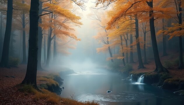Scenic view of autumn forest with river. Trees with yellow leaves in fog near water stream. Calm atmosphere. Nature landscape photo with a misty atmosphere.