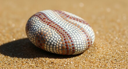 Artistic dot painted pebble on golden beach sand in sunlight