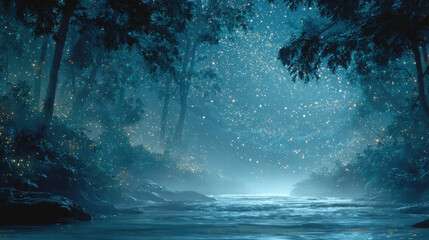 Obraz premium Mystical Midnight River: Enchanted Forest Scene with a Stream Lined by Trees and Illuminated by Swarms of Sparkling, Magical Fireflies and Glowing Mist