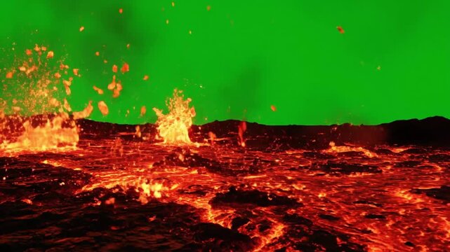 Experience the raw power of molten lava flowing across volcanic landscape with green screen backdrop perfect for VFX and creative projects, a fiery and dramatic scene