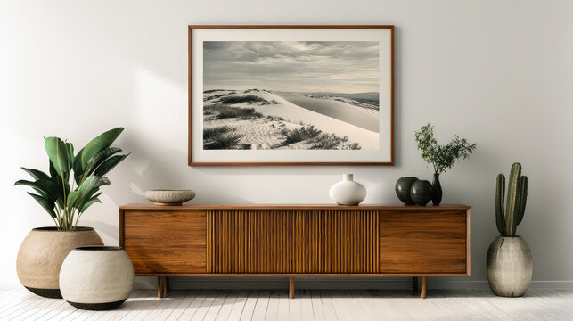 Interior mid century with a large horizontal fine-art frame hanging on the wall, mid century sideboard below, minimalist decor. Mock up square frame.