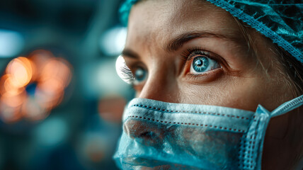 Close-up portrait of a healthcare professional wearing a surgical cap and mask, focused with determined blue eyes amidst blurry lights.