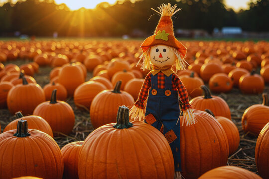 Whimsical scarecrow standing guard over a vast pumpkin patch at sunset.