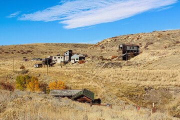 Northwest View of the Smith Mine No. 3 Abandoned Buildings near Bearcreek Montana.  Main Office Building is in the Foreground and the Tipple and the Processing Plant Buildings are in the Background.