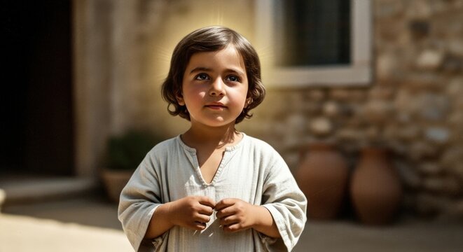 Sacred child Jesus Christ, divine youth, humbly stands, hands clasped, eyes lifted, pure innocent face expressing hope, devotion, radiating spiritual light, rustic village background.