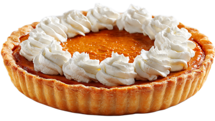 A delicious pumpkin pie with a ring of whipped cream on a black background for thanksgiving dessert