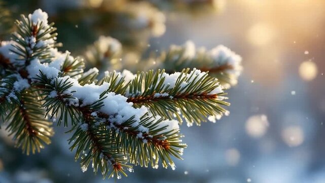 Closeup of SnowCovered Pine Branch in Winter Sunlight.