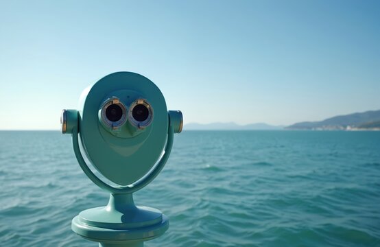Coin operated binoculars stand on a deck overlooking a vast ocean with distant hills. Binocular lenses are aimed at the blue sea and clear sky, ready for viewing.