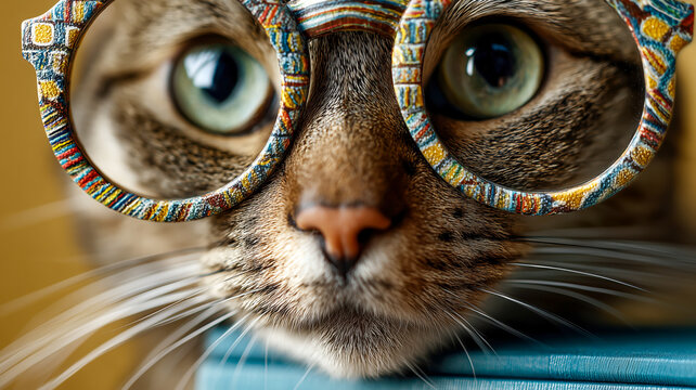 A tabby cat with green eyes, peering out from behind a pair of colorful, patterned glasses, resting on a blue surface in close-up.