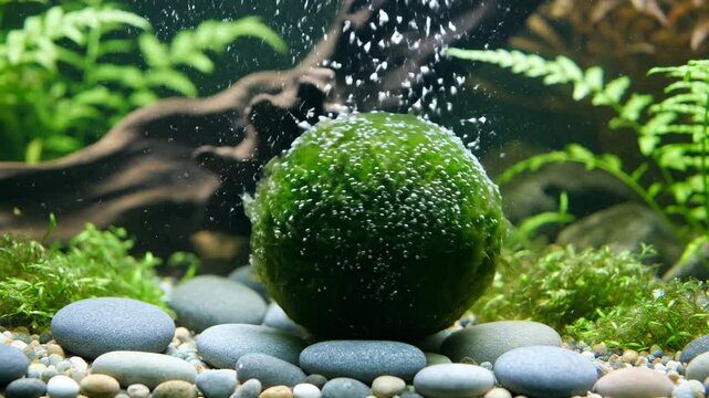 Lush Green Marimo Moss Ball in a Vibrant Freshwater Aquarium with Bubbles and Smooth Stones.