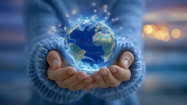 Hands cradle glowing globe with shimmering lights. Soft blue background creates tranquil ambiance, conveying message of peace and environmental awareness