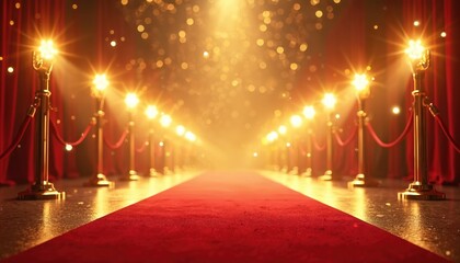 Long red carpet leads to bright lights. Velvet ropes and golden poles line the walkway. Golden bokeh sparkles in the air above. Dramatic lighting illuminates luxurious path.