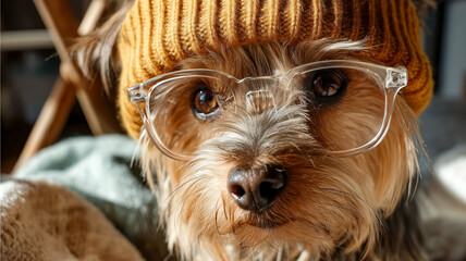 Dog with spectacles and yellow beanie looks at the camera. It's adorable! A furry pal ready for adventures or cozy nights.