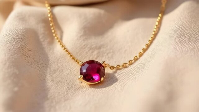 Elegant gold necklace with a vibrant ruby gemstone, sparkling in soft light.