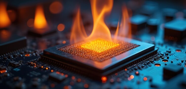 Computer processor unit is on fire with flames engulfing it. Electronic circuit board shows damage due to overheating. High temperature causes hardware failure and danger.