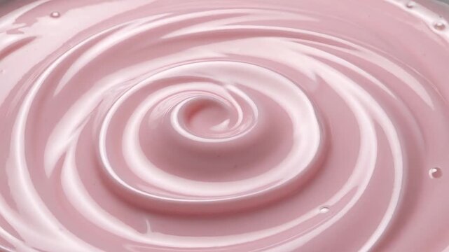 Extreme macro close up detail of a thick light pink creamy liquid like yogurt or strawberry mousse forming a perfect spiral swirl texture