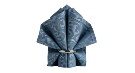 Stylish blue paisley napkin folded with a ring isolated on transparent background