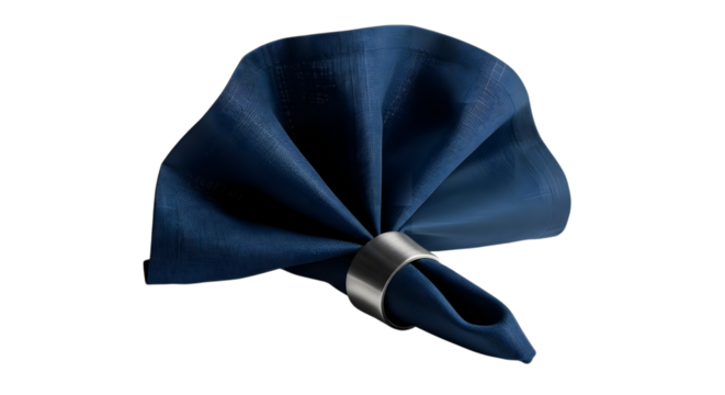 Navy blue napkin folded into a fan shape isolated on transparent background