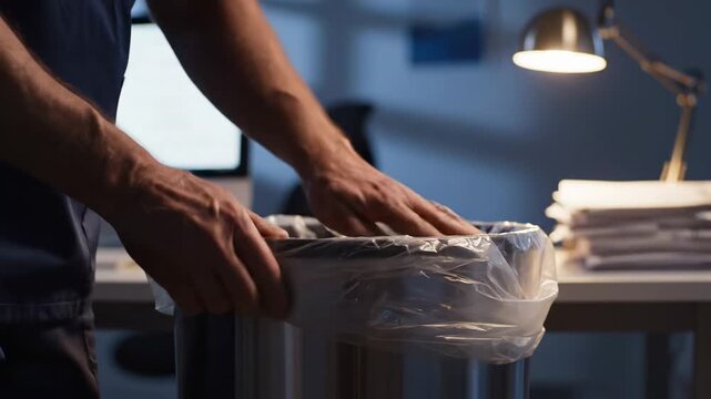 Mans Hands Removing a Full Trash Bag from a Bin in an Office Setting.