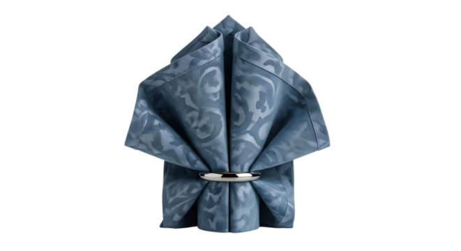 Stylish blue paisley napkin folded with a ring isolated on transparent background