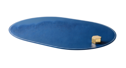 Blue oval placemat with golden cube isolated on transparent background