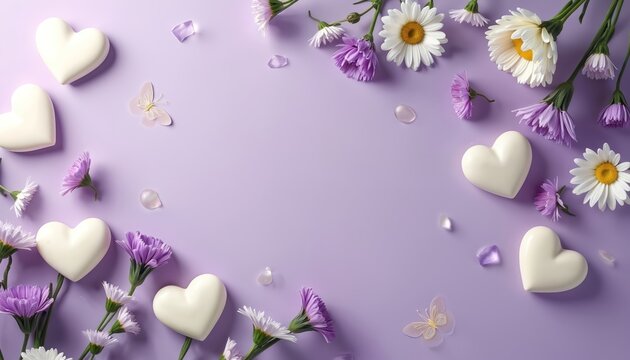 White hearts and purple daisies arranged with light butterflies and scattered petals on a soft lavender background. Gentle romantic spring floral backdrop for greeting cards or event invitations.