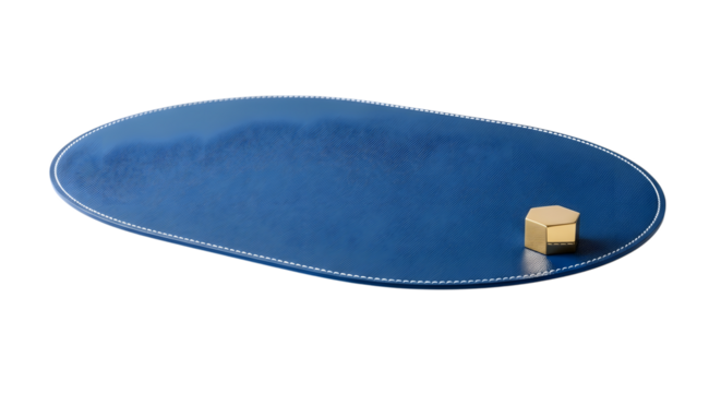 Blue oval placemat with golden cube isolated on transparent background