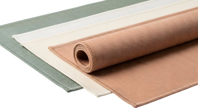 Stack of three rolled placemats in green, beige and brown isolated on transparent background