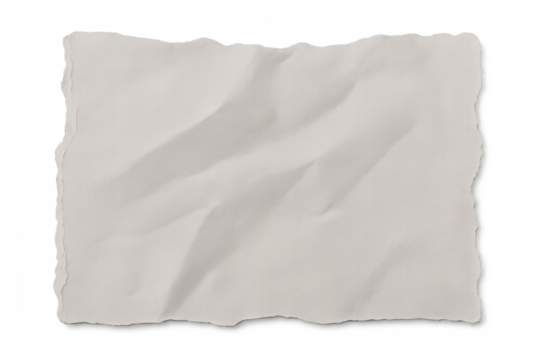 Crumpled white paper sheet with ripped edges and creased texture, perfect for background or mockup, transparent background